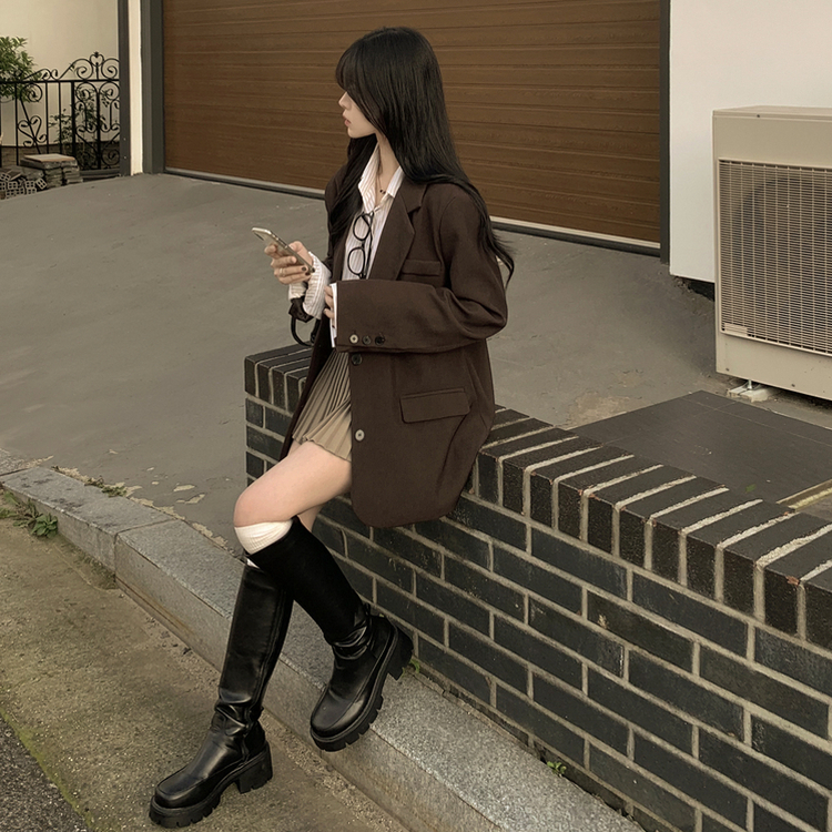 초겨울까지 리얼오버핏 소매롤업 싱글 스탠다드 박시 블레이저 하프 자켓 브라운