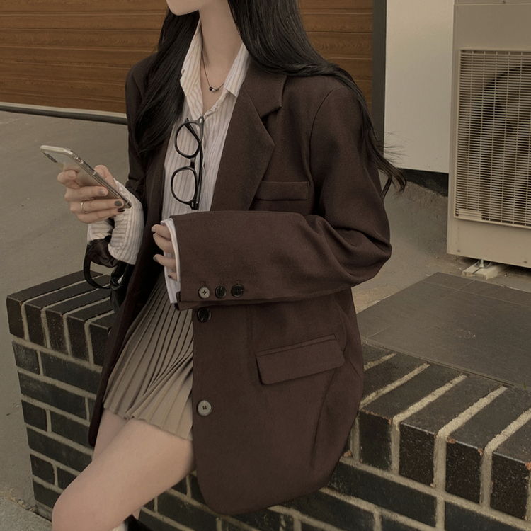 초겨울까지 리얼오버핏 소매롤업 싱글 스탠다드 박시 블레이저 하프 자켓 브라운