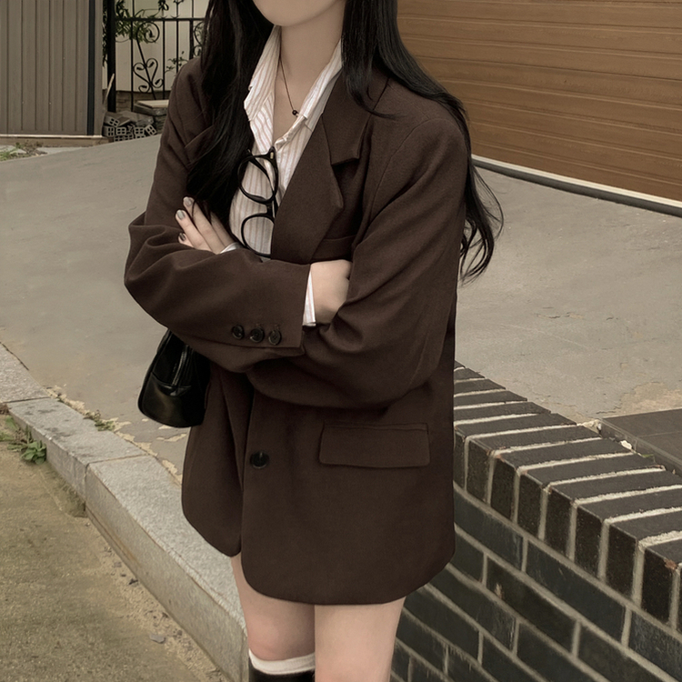 초겨울까지 리얼오버핏 소매롤업 싱글 스탠다드 박시 블레이저 하프 자켓 브라운