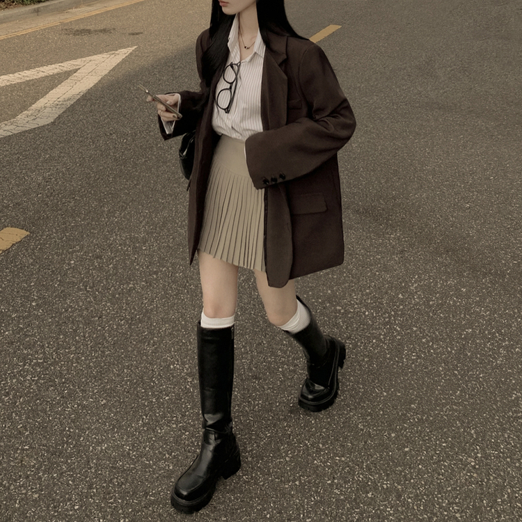 초겨울까지 리얼오버핏 소매롤업 싱글 스탠다드 박시 블레이저 하프 자켓 브라운