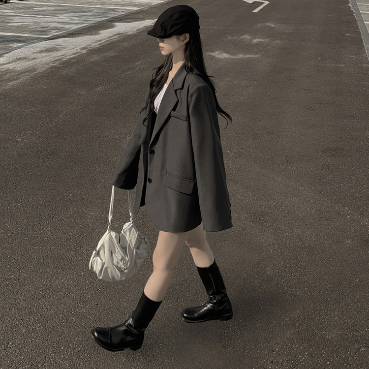 초겨울까지 리얼오버핏 소매롤업 싱글 스탠다드 박시 블레이저 하프 자켓 차콜