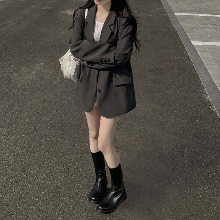 초겨울까지 리얼오버핏 소매롤업 싱글 스탠다드 박시 블레이저 하프 자켓 차콜