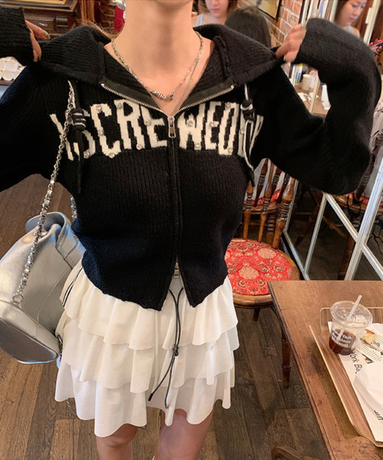 ラインストーンニットフードジップアップ｜ジャンパー｜韓国