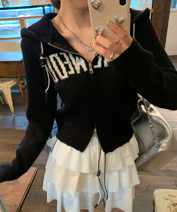 ラインストーンニットフードジップアップ｜ジャンパー｜韓国