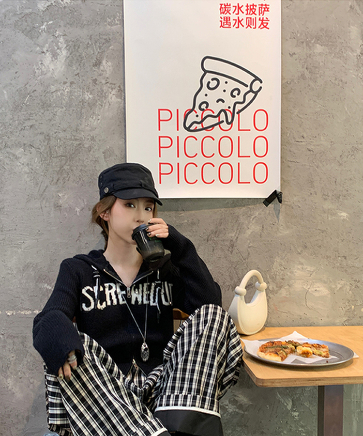 ラインストーンニットフードジップアップ｜ジャンパー｜韓国