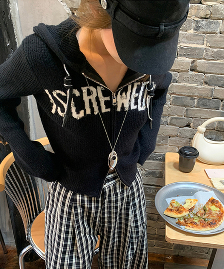 ラインストーンニットフードジップアップ｜ジャンパー｜韓国