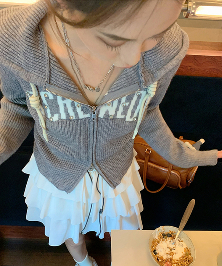 ラインストーンニットフードジップアップ｜ジャンパー｜韓国