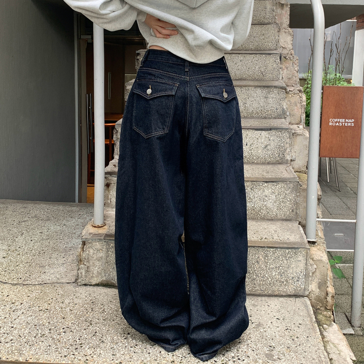 쏘드 백포켓 빅포켓 숏 롱 와이드 벌룬 생지 데님 팬츠 다크블루