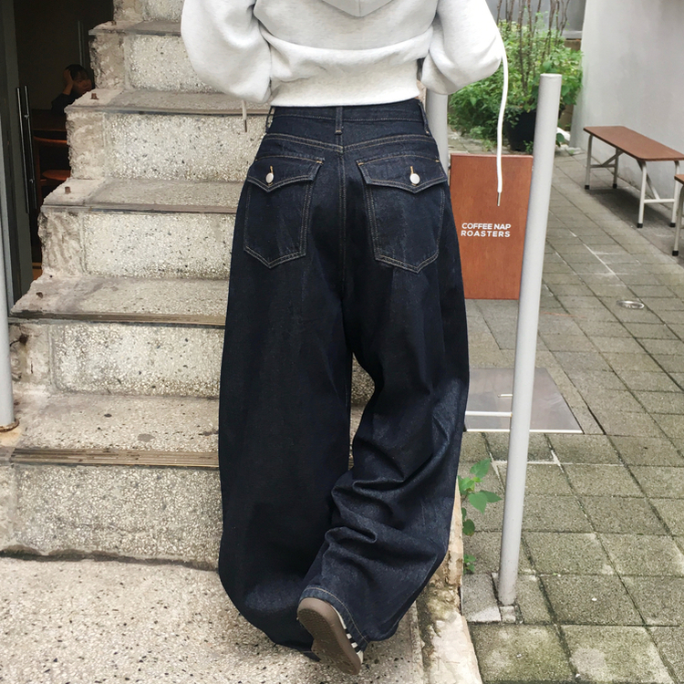 쏘드 백포켓 빅포켓 숏 롱 와이드 벌룬 생지 데님 팬츠 다크블루