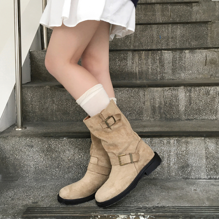 니더 스웨이드 벨트 버클 미들 부츠 워커 신발