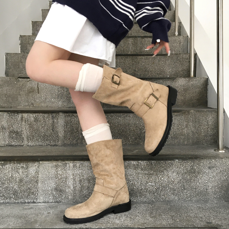 니더 스웨이드 벨트 버클 미들 부츠 워커 신발