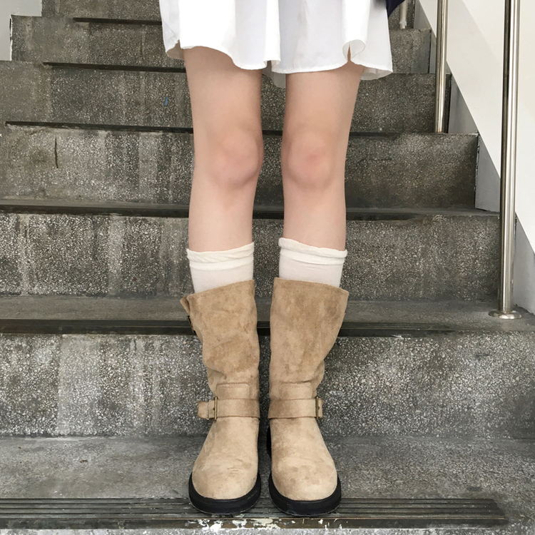 니더 스웨이드 벨트 버클 미들 부츠 워커 신발