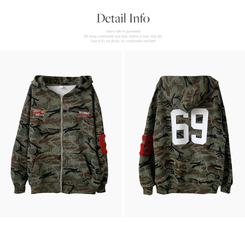 69レタリングミリタリーフードジップアップ