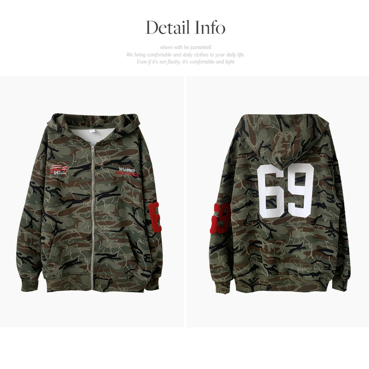 69レタリングミリタリーフードジップアップ