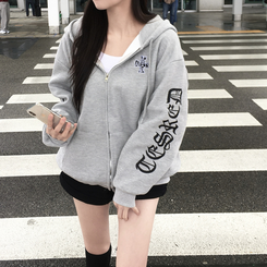 레프 와플 자수 레터링 십자가 오버핏 루즈 스트릿 후드 집업 메란지