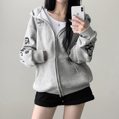 레프 와플 자수 레터링 십자가 오버핏 루즈 스트릿 후드 집업 메란지