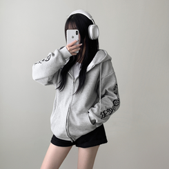 레프 와플 자수 레터링 십자가 오버핏 루즈 스트릿 후드 집업 메란지