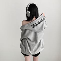 레프 와플 자수 레터링 십자가 오버핏 루즈 스트릿 후드 집업 메란지