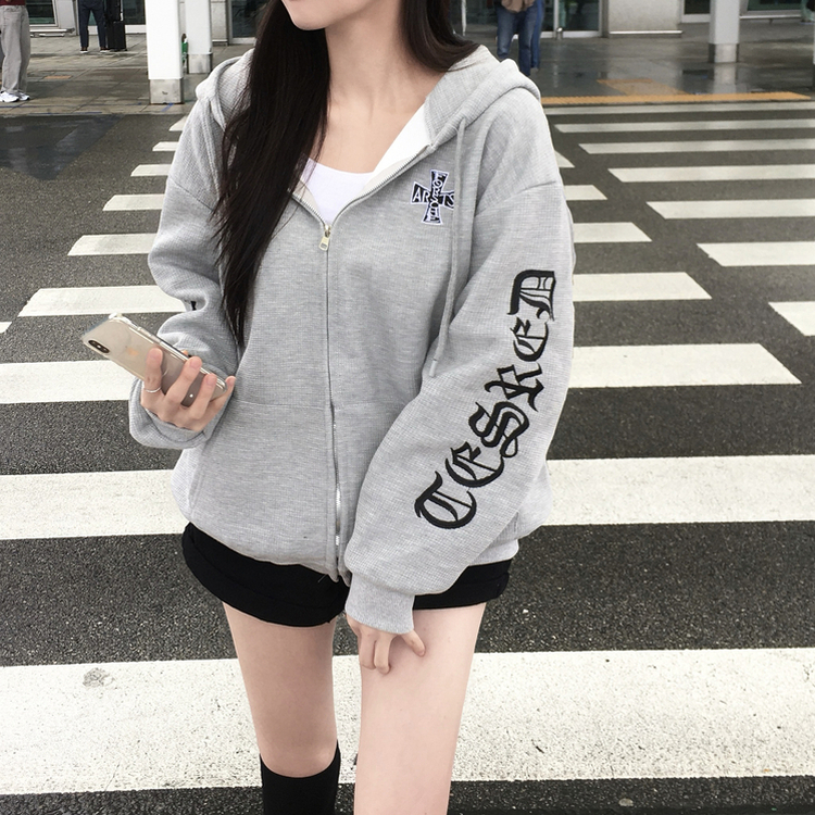 레프 와플 자수 레터링 십자가 오버핏 루즈 스트릿 후드 집업 메란지