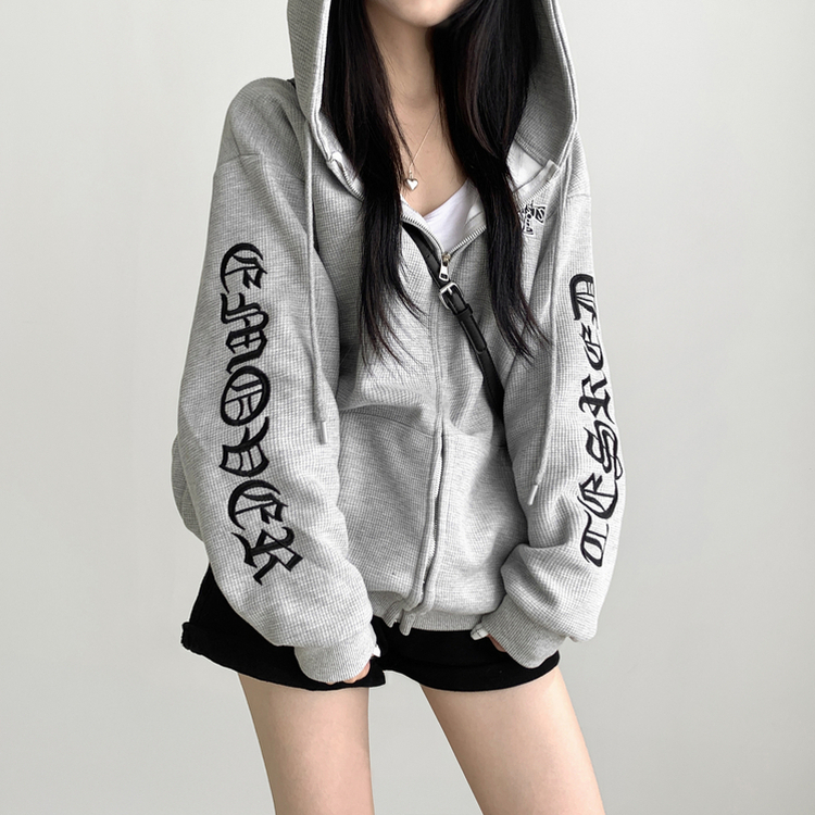 레프 와플 자수 레터링 십자가 오버핏 루즈 스트릿 후드 집업 메란지