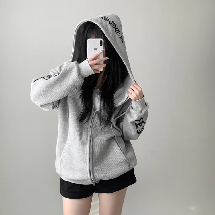 레프 와플 자수 레터링 십자가 오버핏 루즈 스트릿 후드 집업 메란지