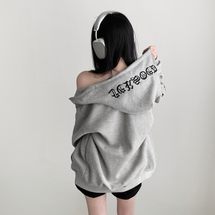 레프 와플 자수 레터링 십자가 오버핏 루즈 스트릿 후드 집업 메란지