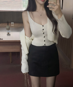 【SET】ボタンキャミソール ニットカーディガン IVORY