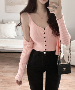 【SET】ボタンキャミソール ニットカーディガン PINK