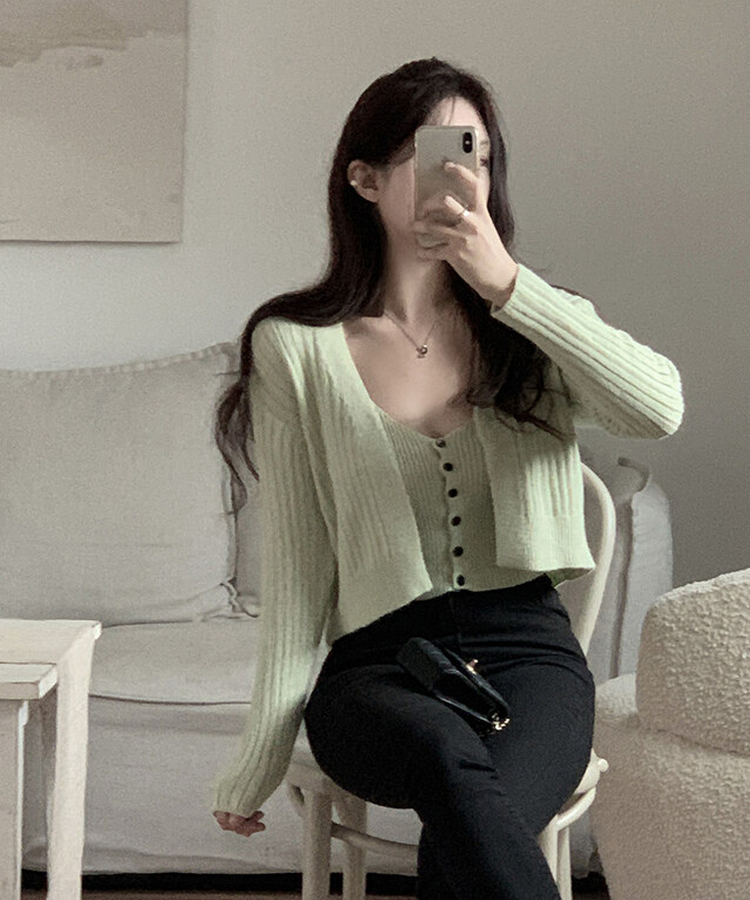 【SET】ボタンキャミソール ニットカーディガン MINT