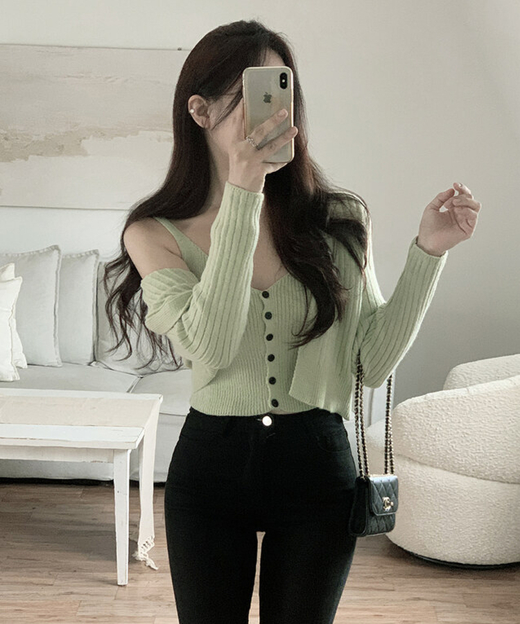 【SET】ボタンキャミソール ニットカーディガン MINT