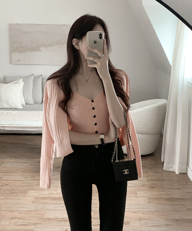 【SET】ボタンキャミソール ニットカーディガン PINK