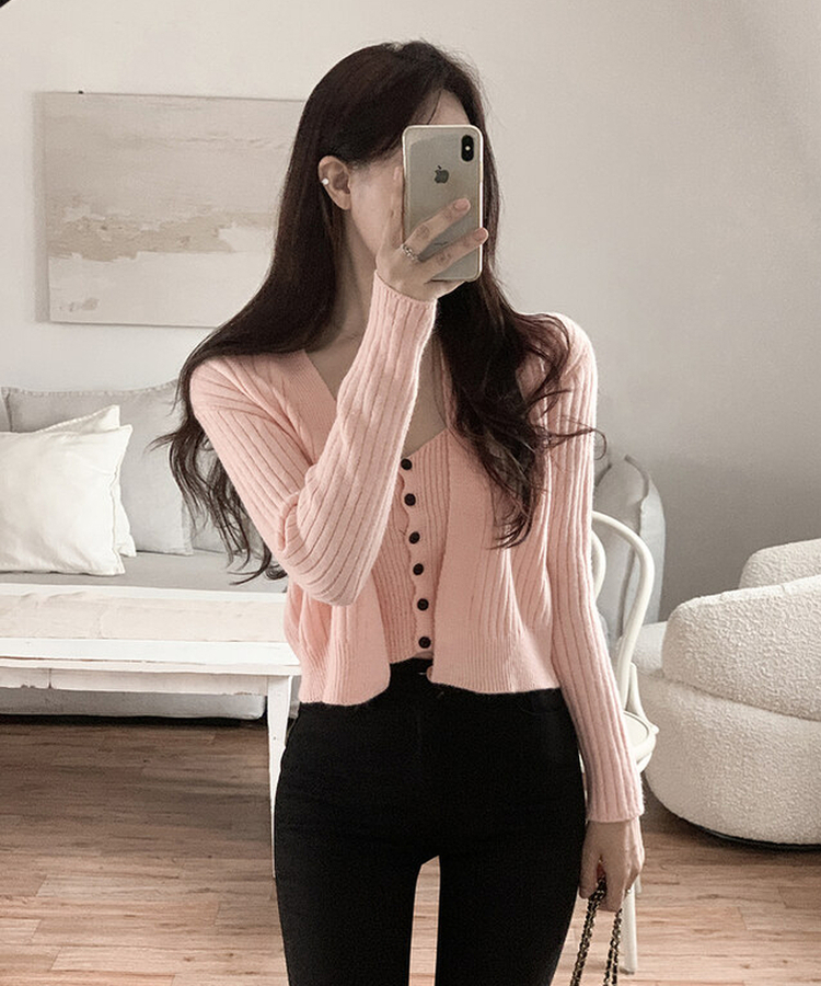 【SET】ボタンキャミソール ニットカーディガン PINK