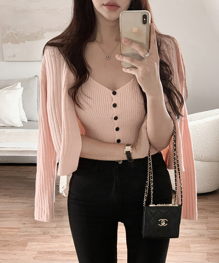 【SET】ボタンキャミソール ニットカーディガン PINK