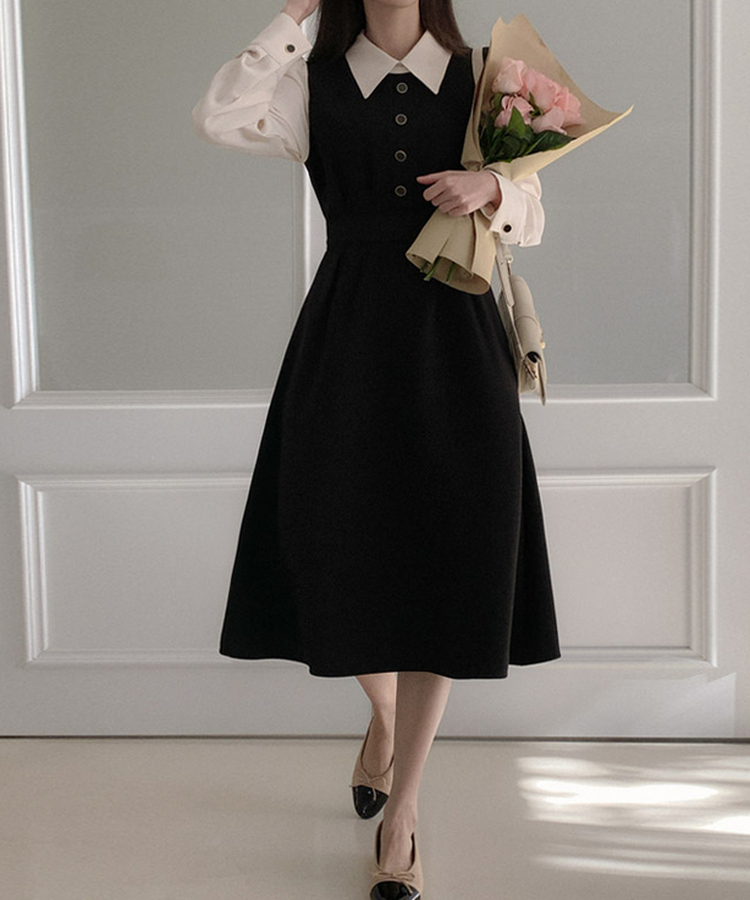 配色襟リボンワンピース｜ロングワンピース｜韓国ファッション通販 SONA