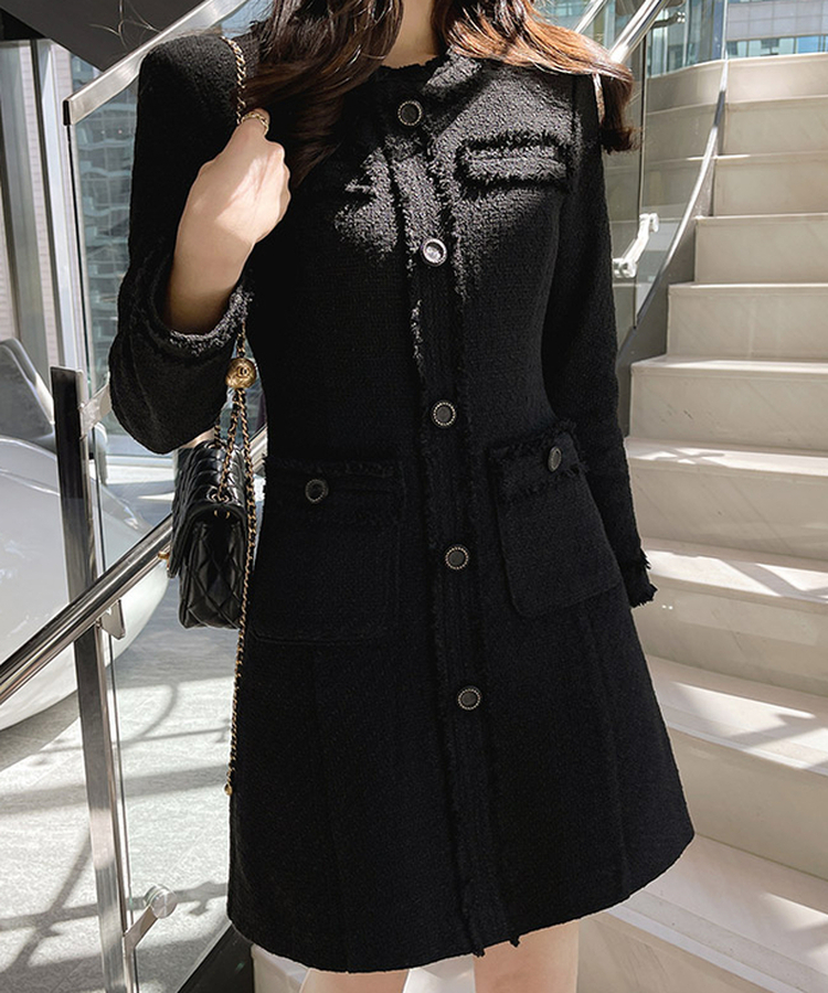 ツイードブラックワンピース|ロングワンピース|韓国 ツイードブラックワンピース|ロングワンピース|韓国