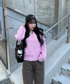 Vネックメランジニット PINK