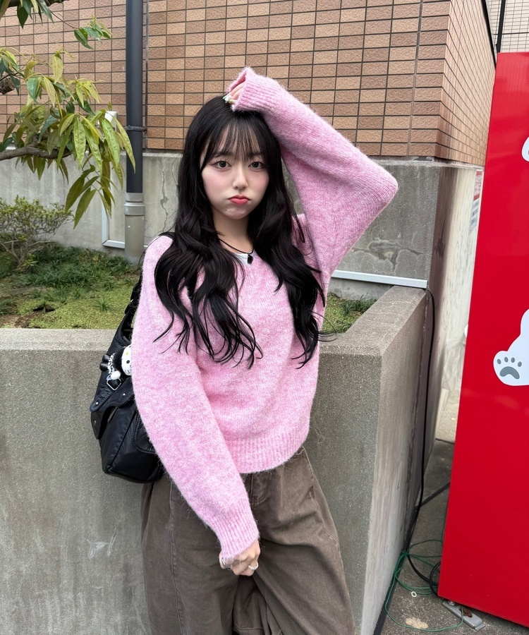 Vネックメランジニット PINK