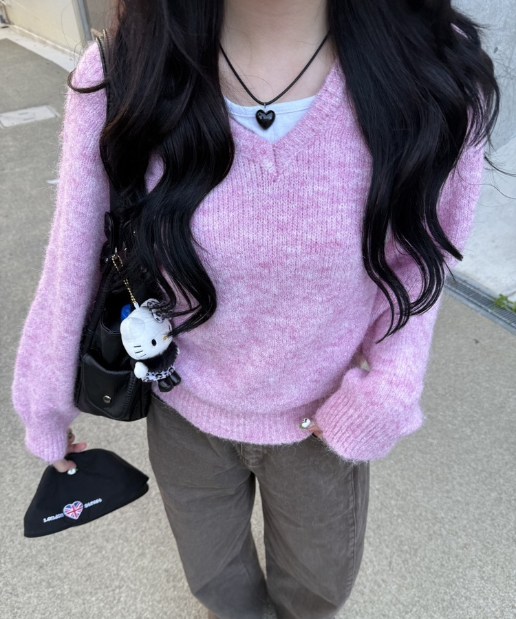 Vネックメランジニット PINK