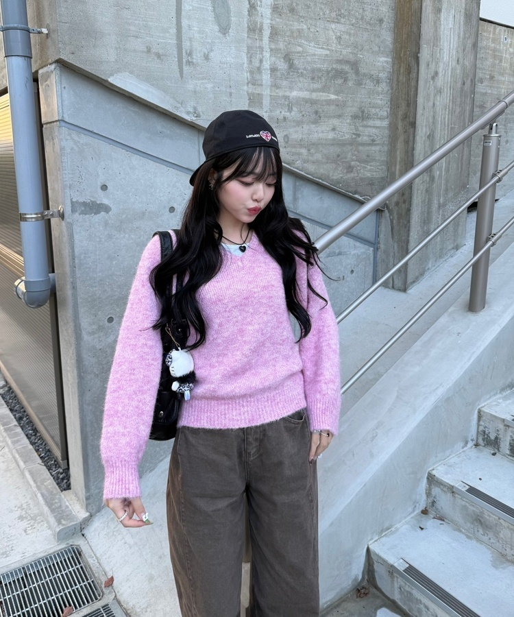 Vネックメランジニット PINK