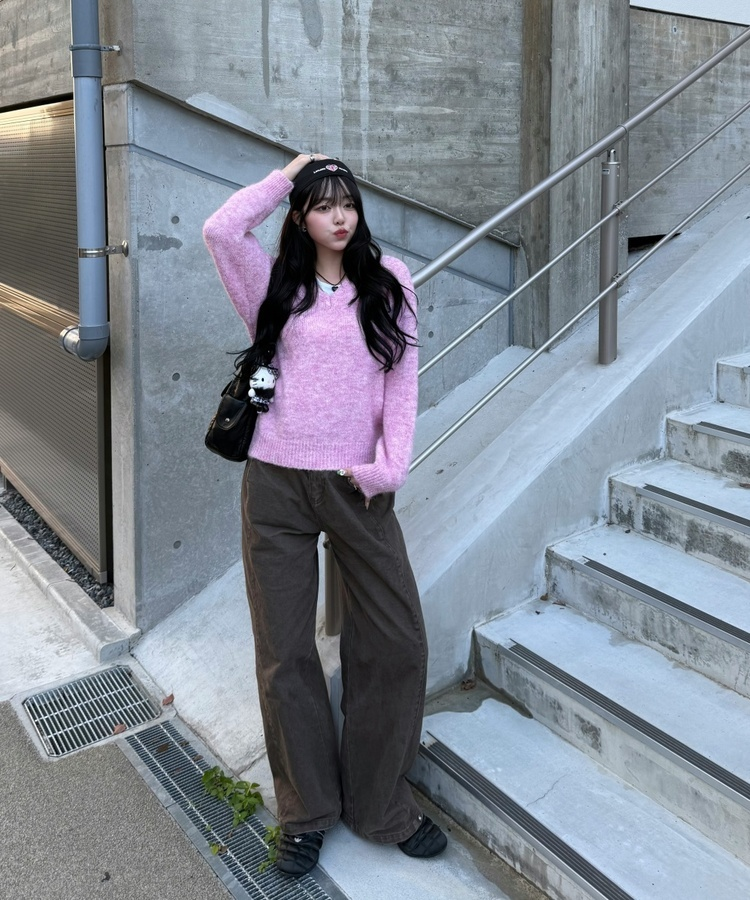 Vネックメランジニット PINK