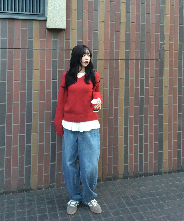 Vネックメランジニット RED