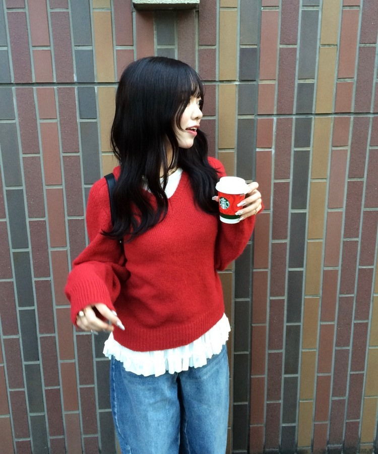 Vネックメランジニット RED