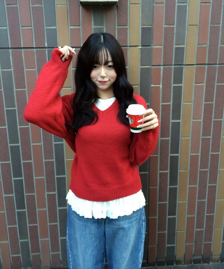 Vネックメランジニット RED