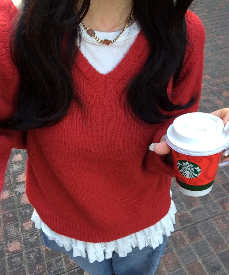 Vネックメランジニット RED