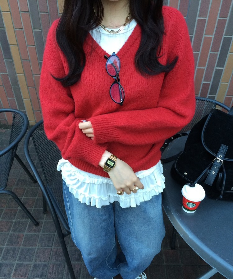 Vネックメランジニット RED