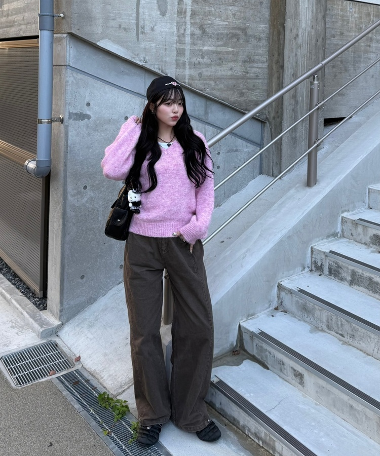 크루 파스텔 V넥 니트 핑크