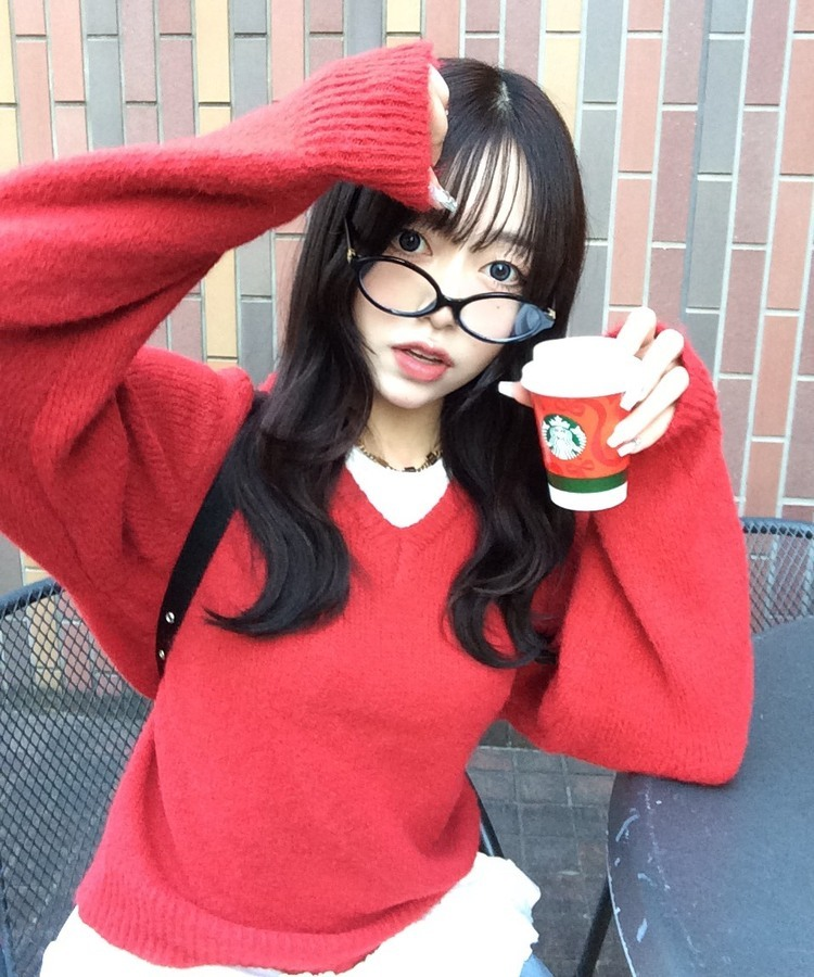 크루 파스텔 V넥 니트 레드