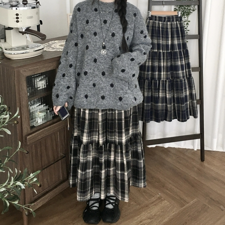 가을겨울 부들 모리걸 체크 캉캉 밴딩 롱스커트 블랙