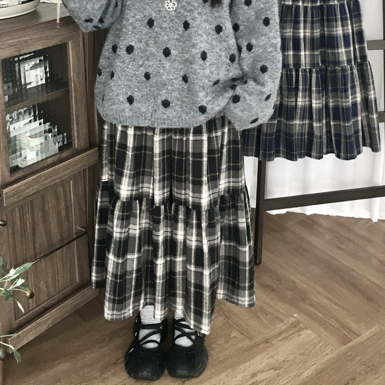 가을겨울 부들 모리걸 체크 캉캉 밴딩 롱스커트 블랙