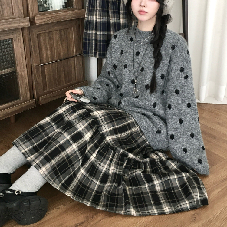 가을겨울 부들 모리걸 체크 캉캉 밴딩 롱스커트 블랙